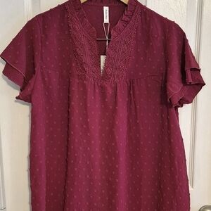 Falechay Maroon Ruffle Sleeve Blouse Womens L Textured Dot Babydoll Top NWT